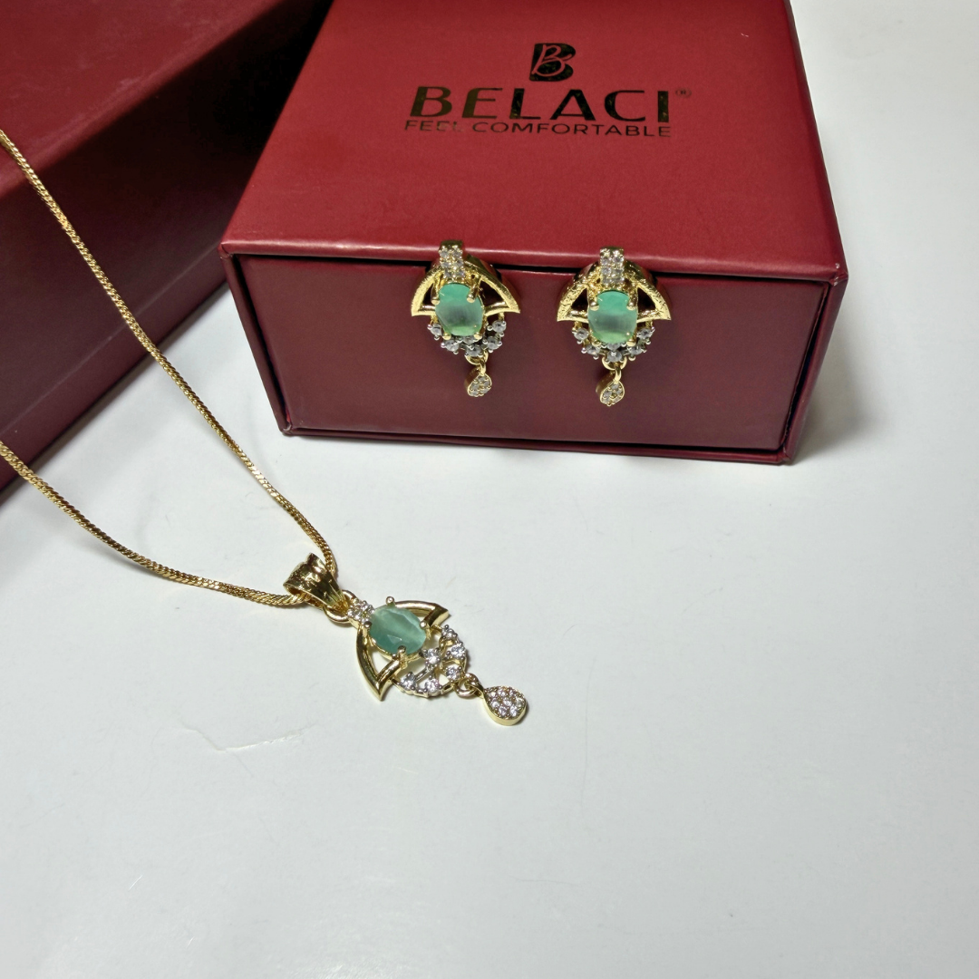 BELACI AD Brass Jewellery – Light Green Stone Pendant Set