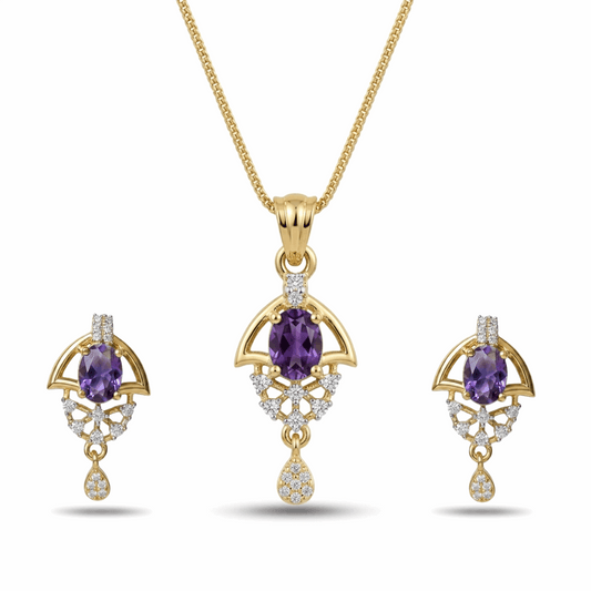 Gold jewelry set with purple gemstones on a white background