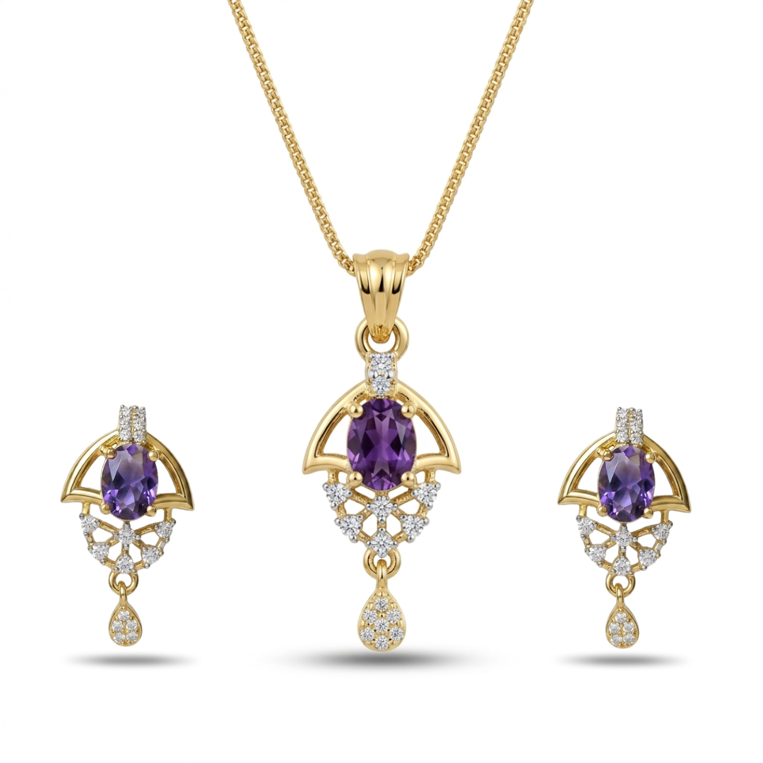 Gold jewelry set with purple gemstones on a white background