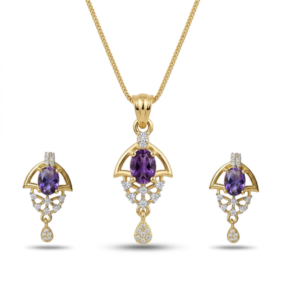 Gold jewelry set with purple gemstones on a white background
