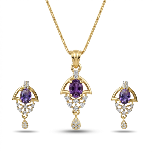 Gold jewelry set with purple gemstones on a white background