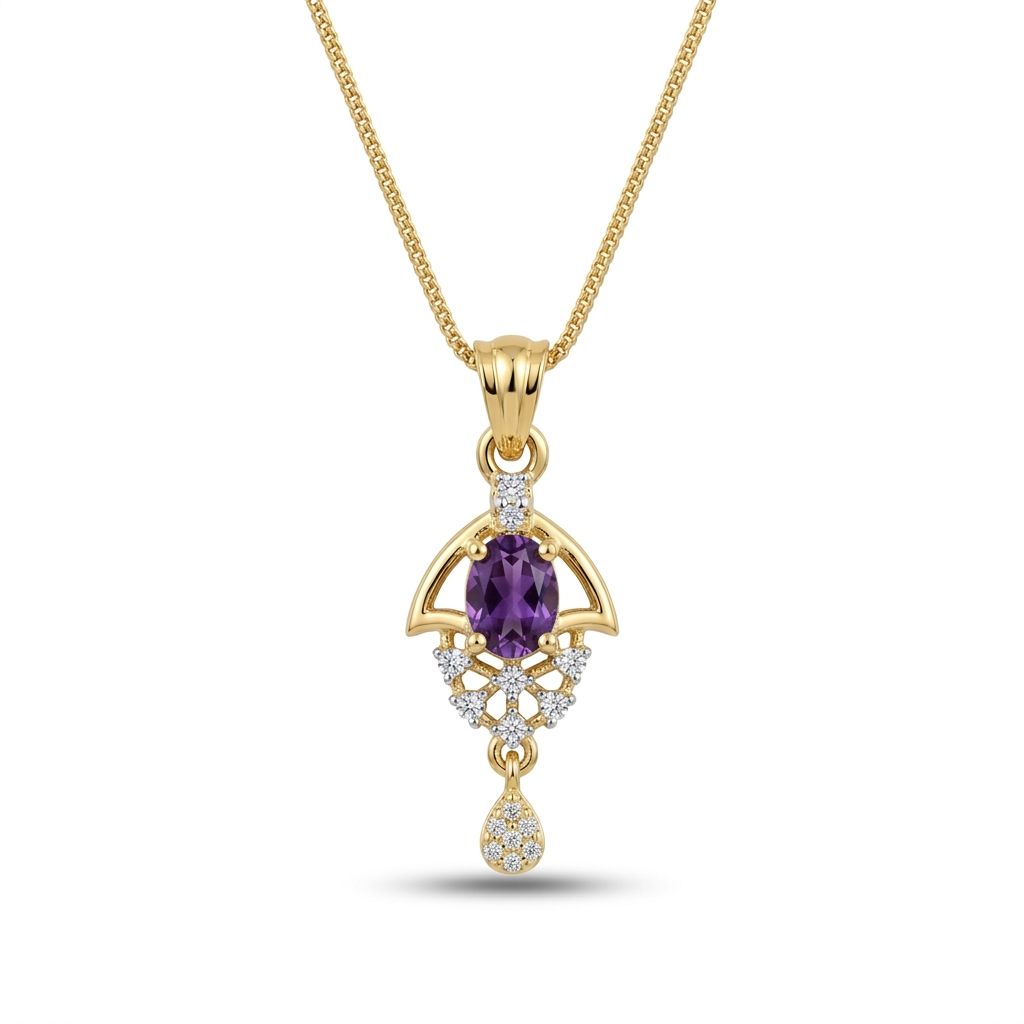 Gold pendant with purple gemstone and diamond accents on a white background