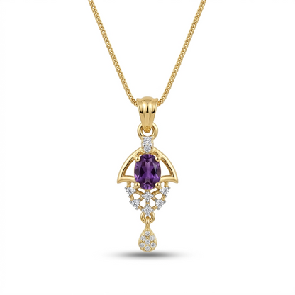 Gold pendant with purple gemstone and diamond accents on a white background