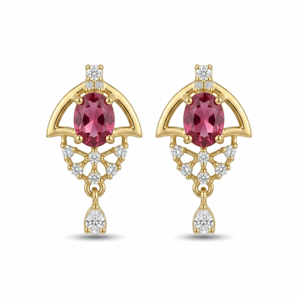 Gold earrings with red gemstones and diamond accents on a white background