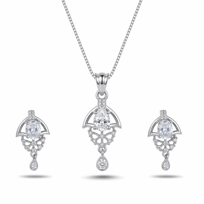 Silver jewelry set with pendant and earrings on a white background