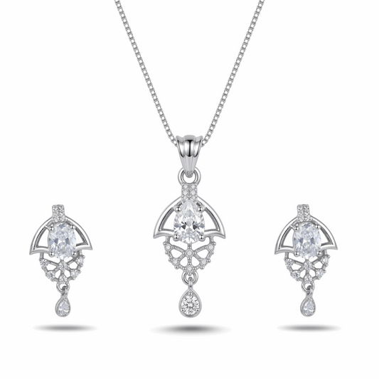 Silver jewelry set with pendant and earrings on a white background