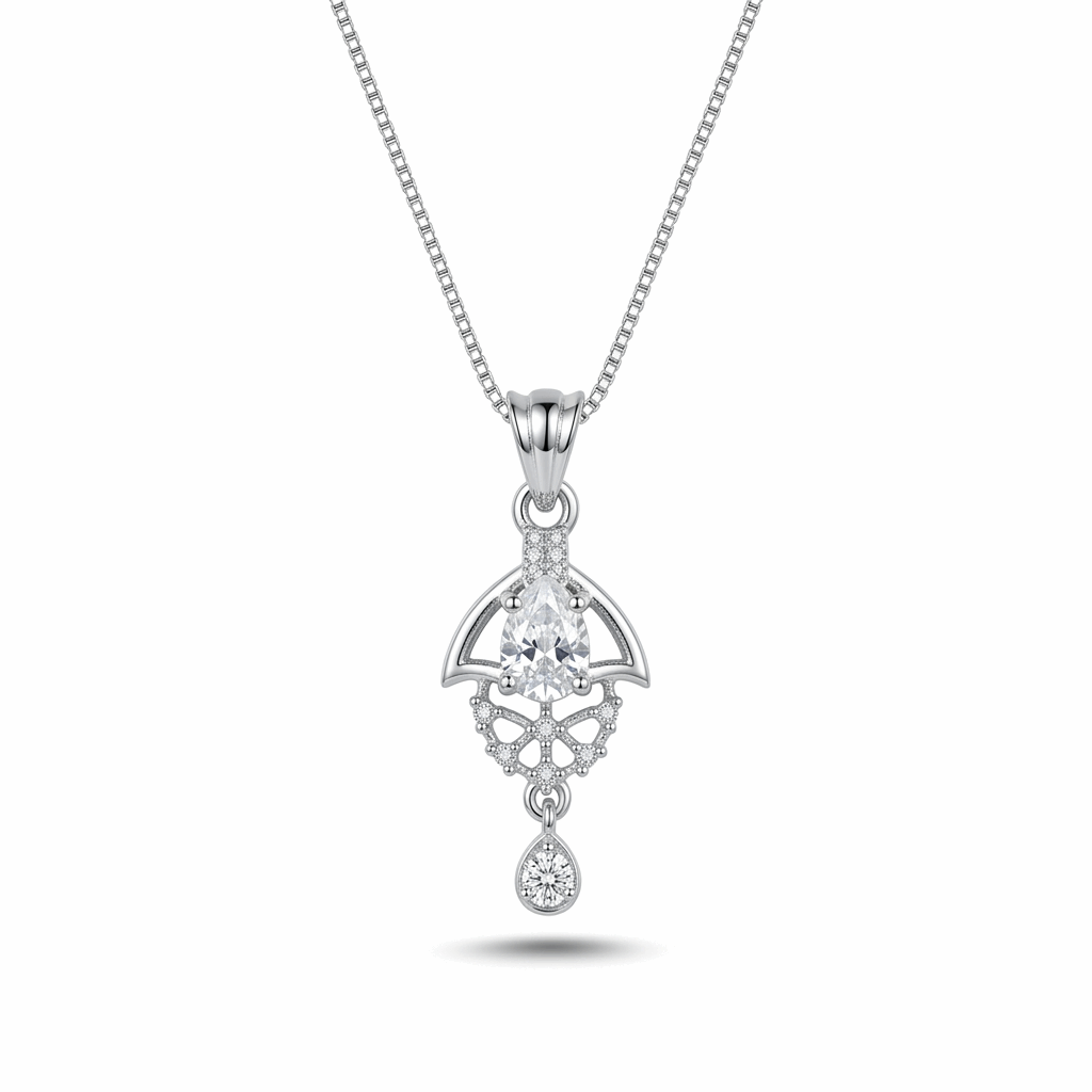 Silver pendant necklace with a teardrop design on a white background
