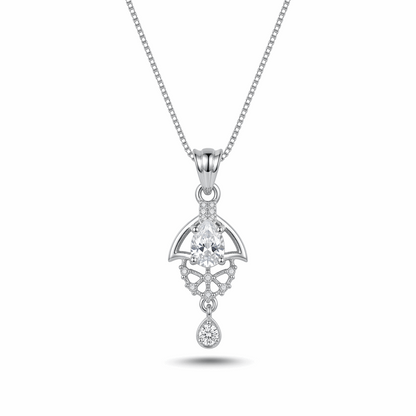 Silver pendant necklace with a teardrop design on a white background