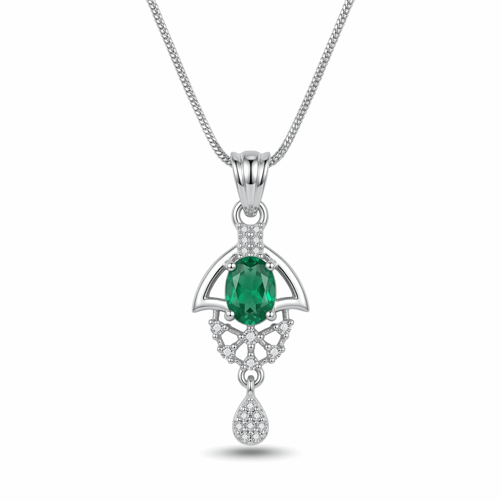 Silver pendant with green gemstone and chain on a white background
