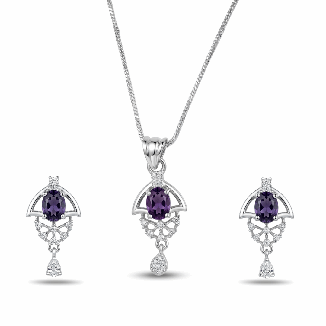 Jewelry set with purple gemstones and silver designs on a white background