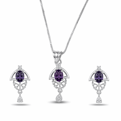 Jewelry set with purple gemstones and silver designs on a white background