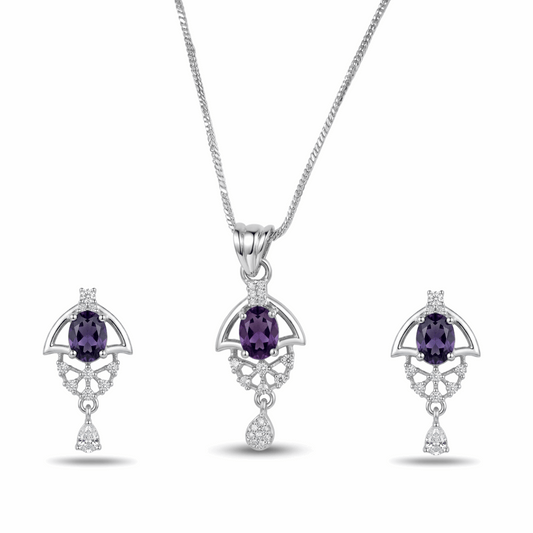 Jewelry set with purple gemstones and silver designs on a white background