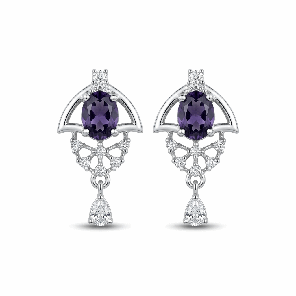 Pair of silver earrings with purple gemstones on a white background