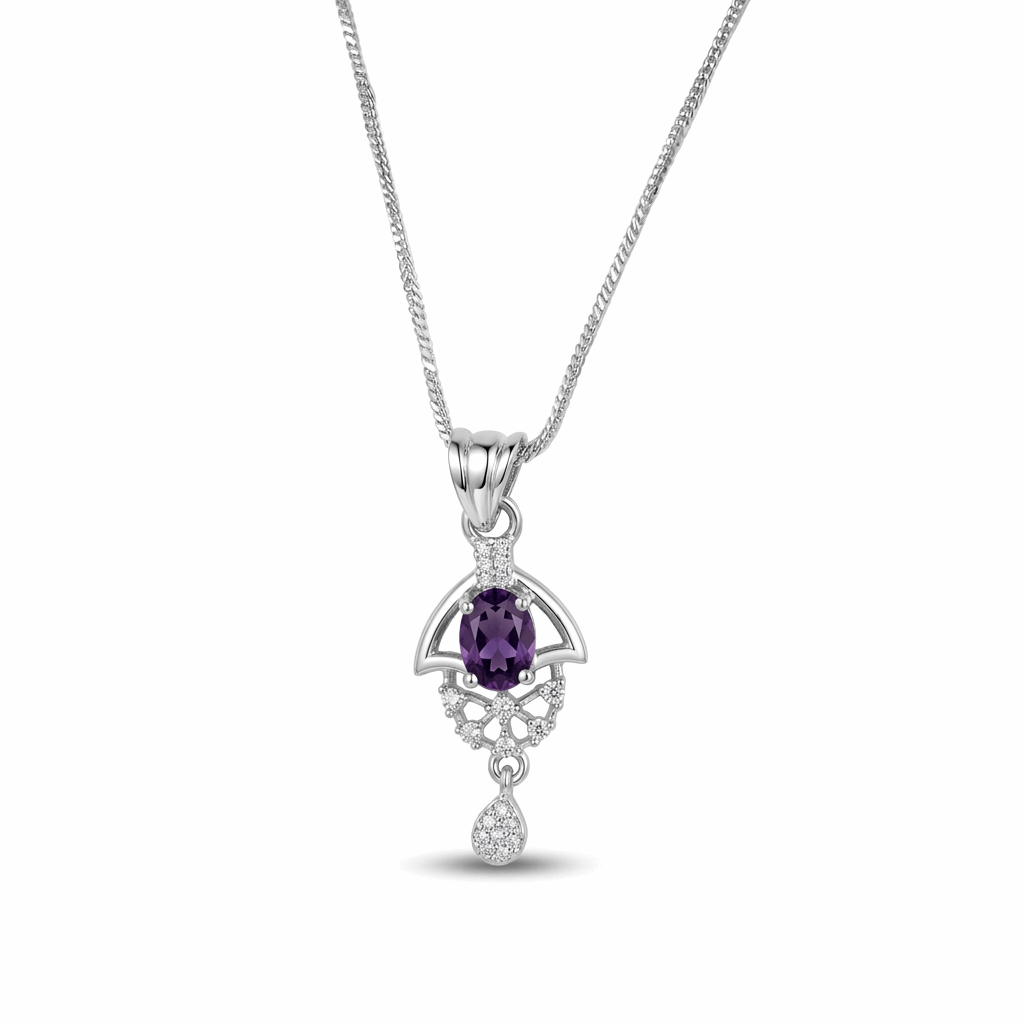 Silver pendant with a purple gemstone on a white background