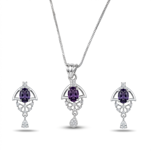 Jewelry set with purple gemstones and silver designs on a white background