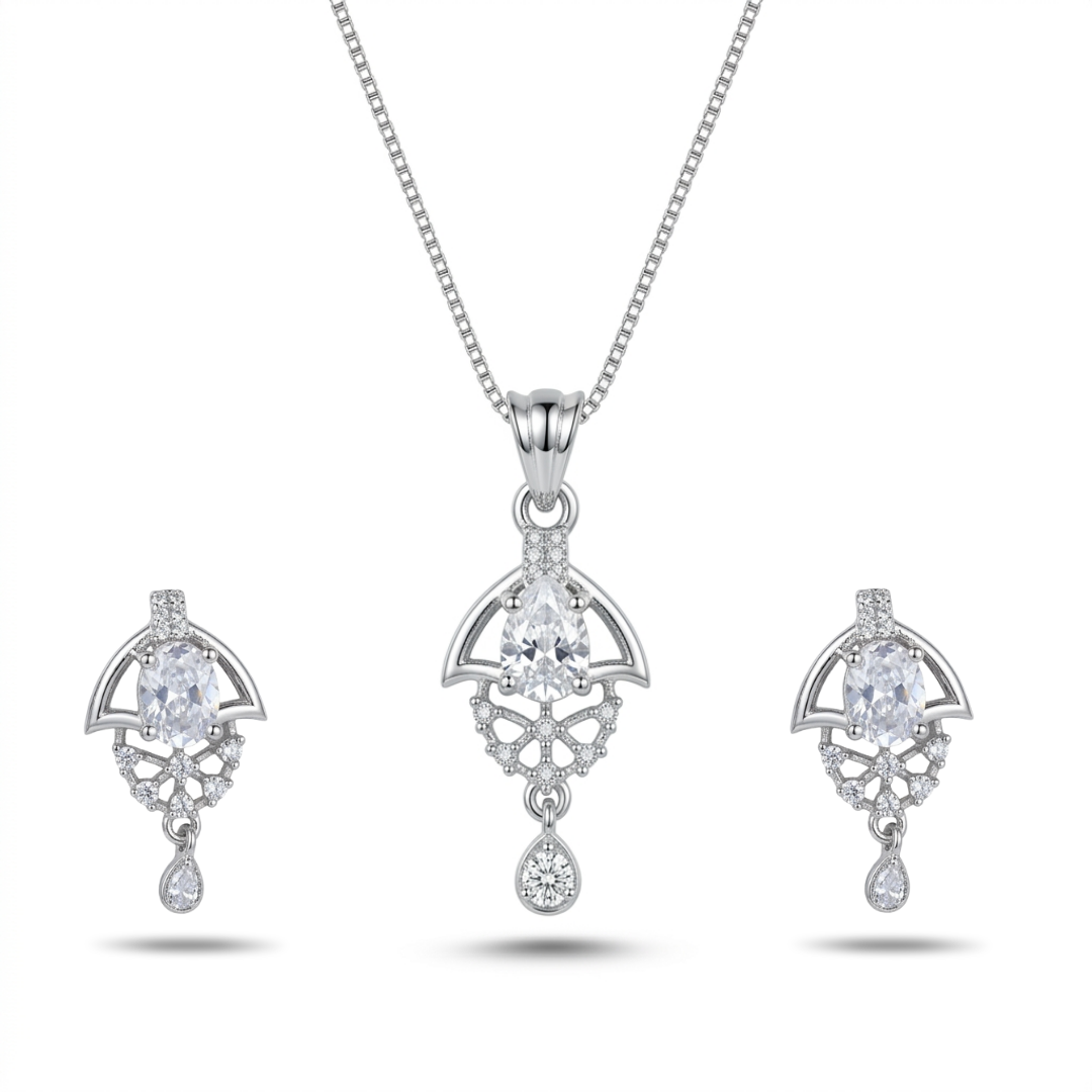 Silver jewelry set with pendant and earrings on a white background