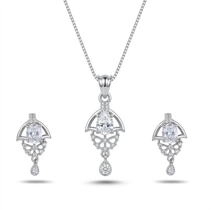 Silver jewelry set with pendant and earrings on a white background