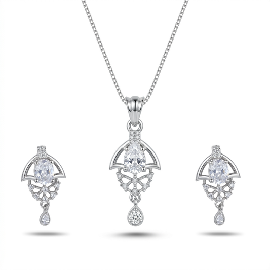 Silver jewelry set with pendant and earrings on a white background