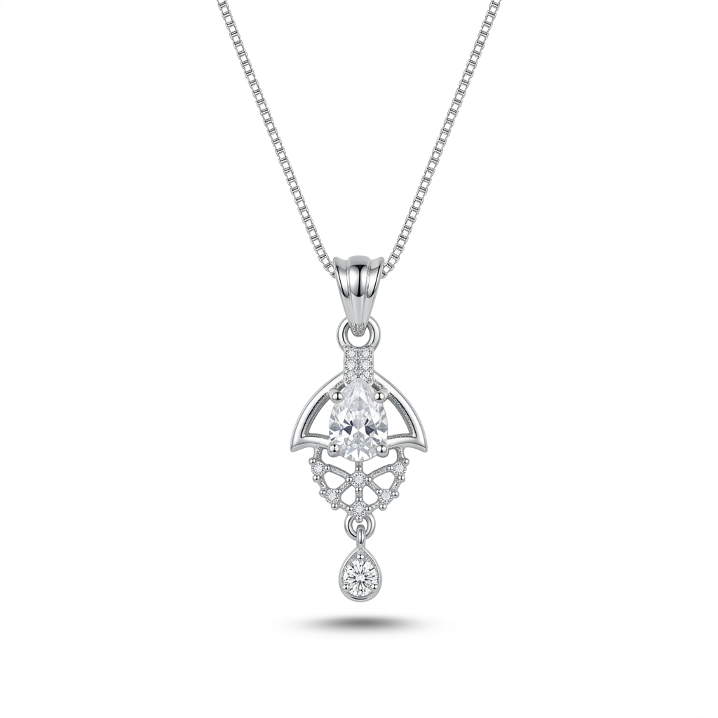Silver pendant necklace with a teardrop design on a white background