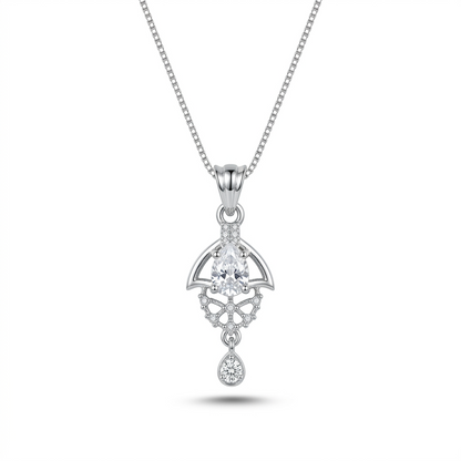 Silver pendant necklace with a teardrop design on a white background