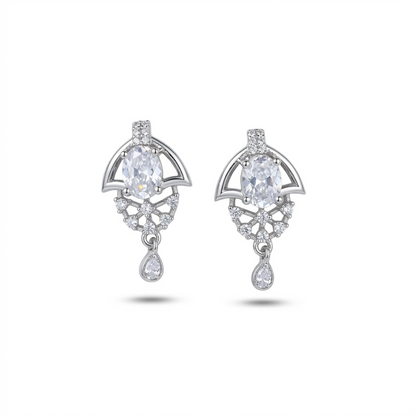 Pair of silver earrings with clear gemstones on a white background