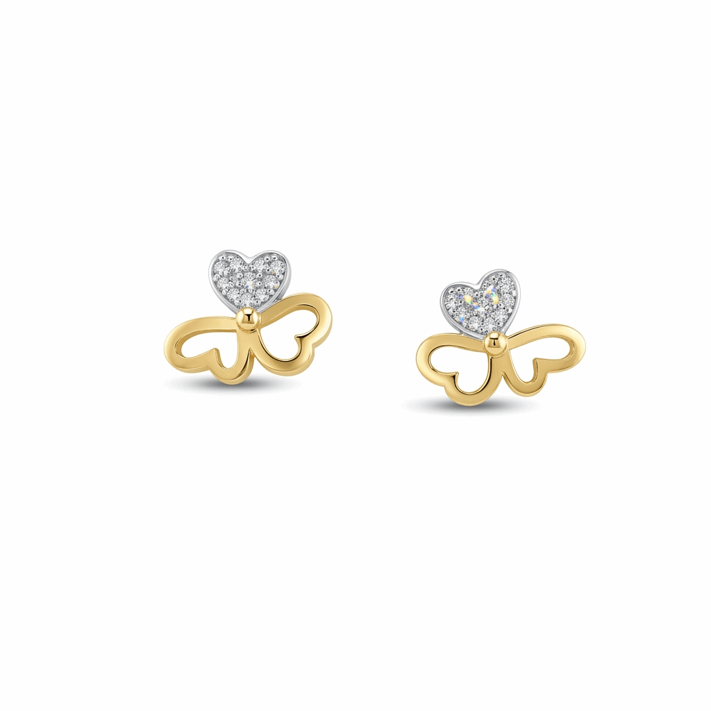 Gold bow-shaped earrings with heart details on a white background