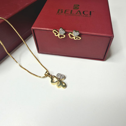 Gold butterfly necklace and earrings with BELACI box in the background