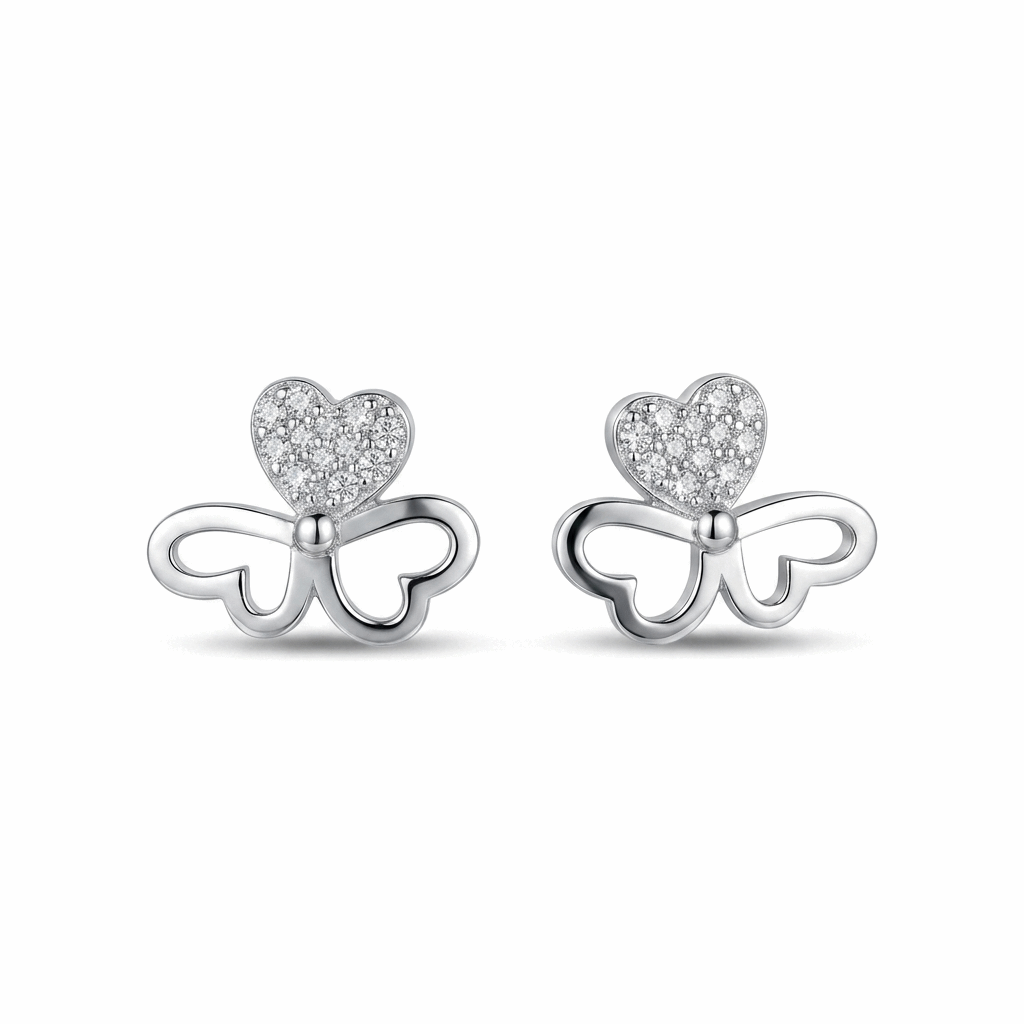Butterfly-shaped earrings with heart details on a white background