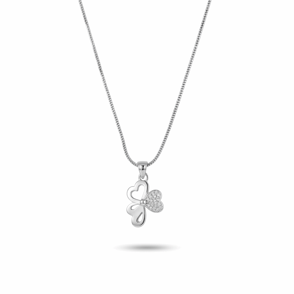 Silver necklace with a heart-shaped pendant on a white background