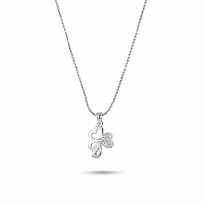 Silver necklace with a heart-shaped pendant on a white background