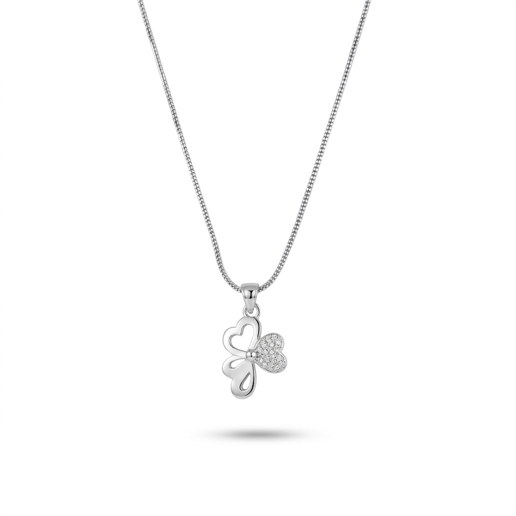 Silver necklace with a heart-shaped pendant on a white background