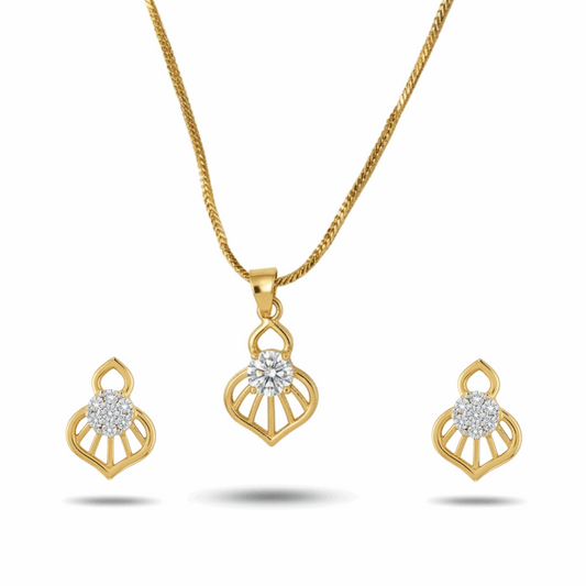 Gold necklace and earrings set on a white background