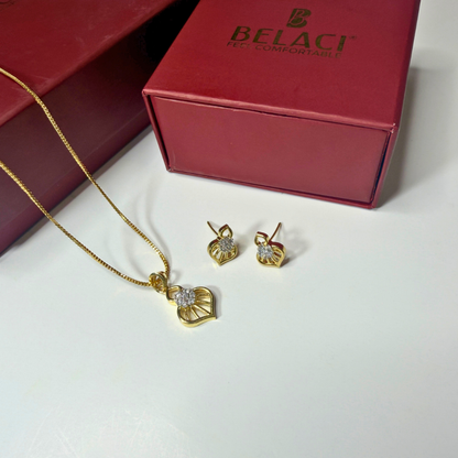 Gold necklace and earrings with a Belaci box on a white background