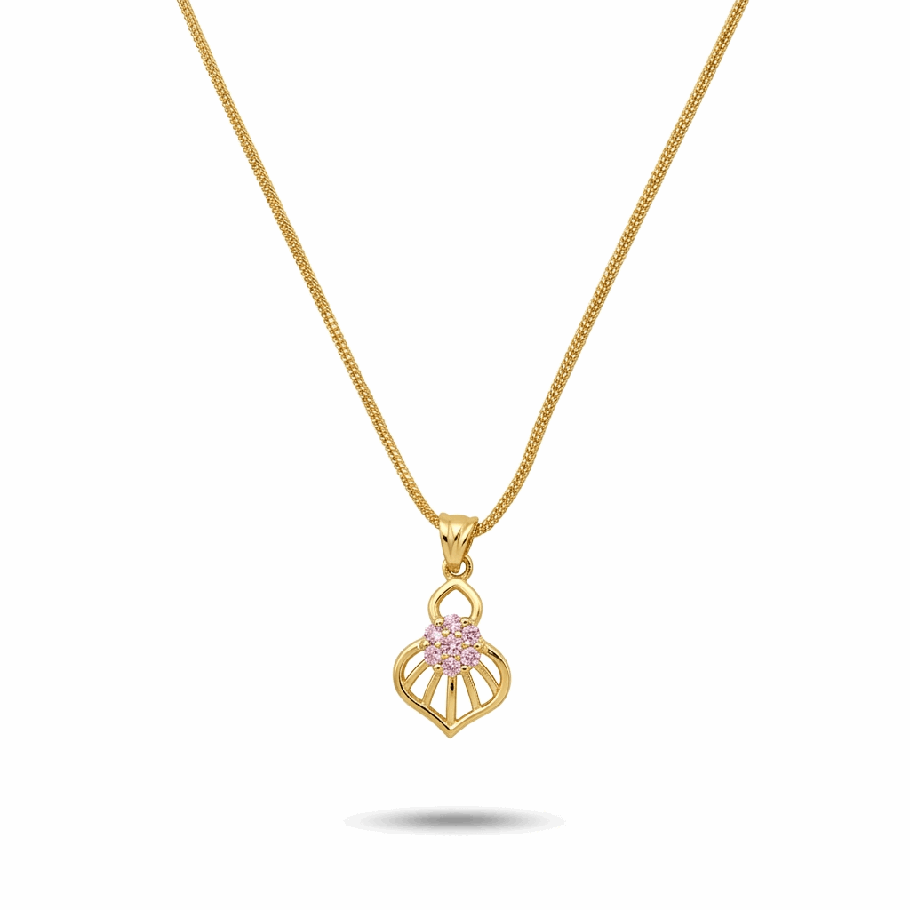 Gold necklace with a pink gemstone pendant on a white background