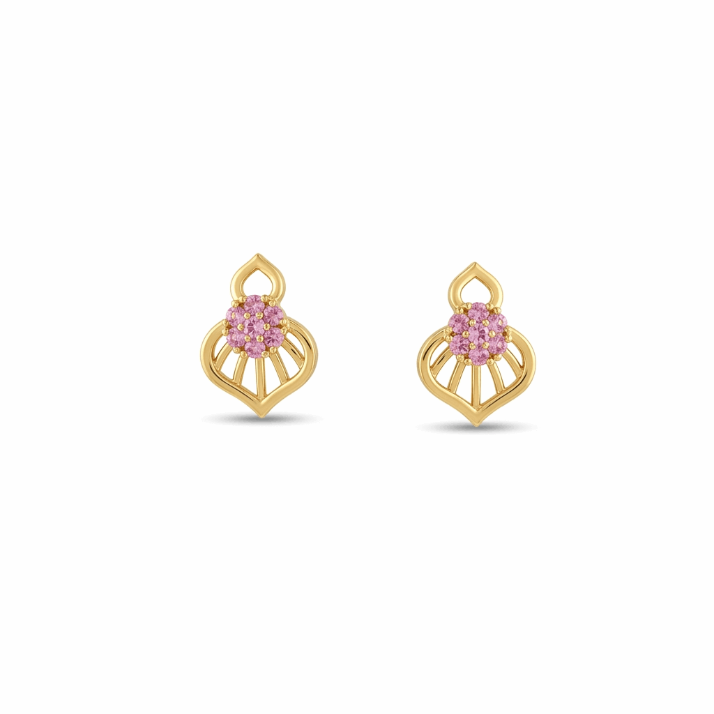 Gold earrings with red gemstones on a white background