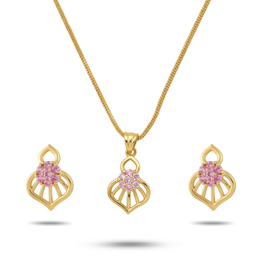 Gold necklace and earrings with pink gemstones on a white background