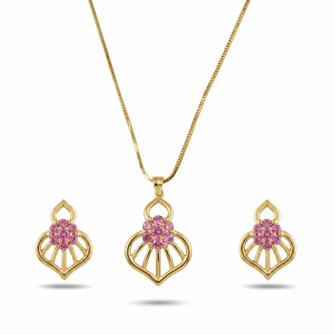 Gold necklace and earrings with pink gemstones on a white background
