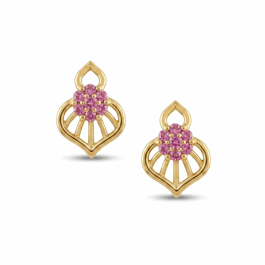 Gold earrings with pink gemstones on a white background