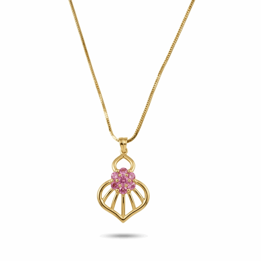 Gold necklace with a heart-shaped pendant featuring pink gemstones on a white background