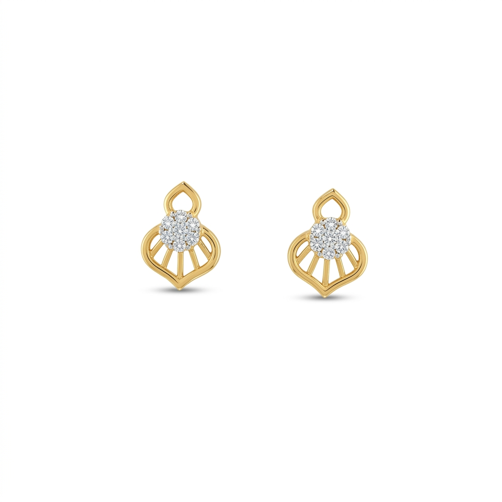 Gold earrings with diamond accents on a white background