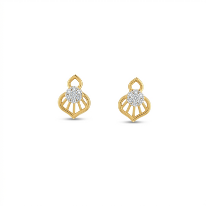 Gold earrings with diamond accents on a white background