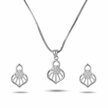 Silver jewelry set with heart-shaped pendant and earrings on a white background