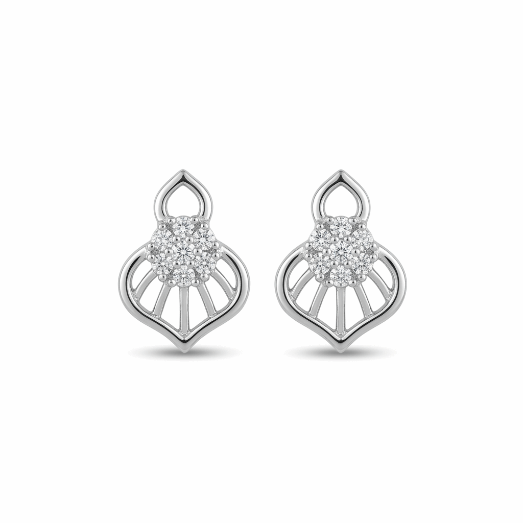 Pair of silver earrings with diamond accents on a white background