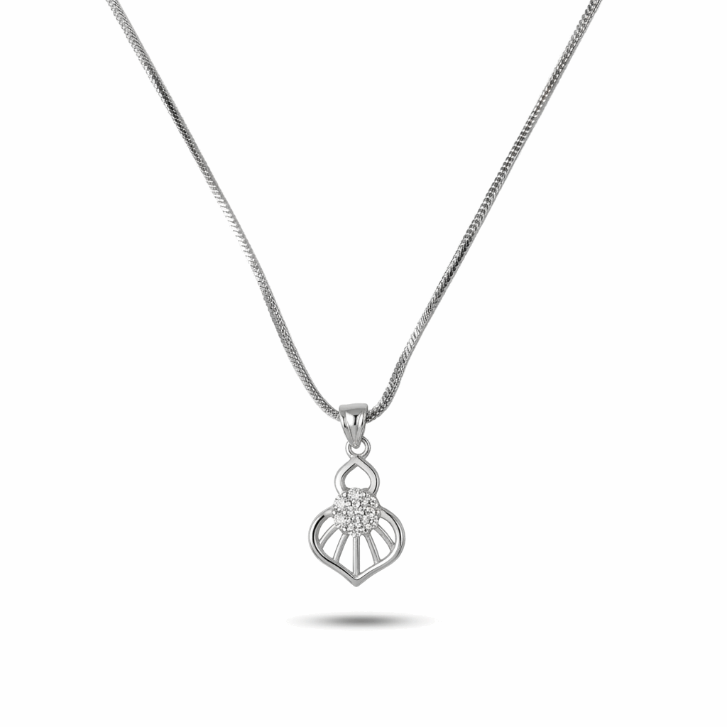 Silver necklace with a heart-shaped pendant on a white background