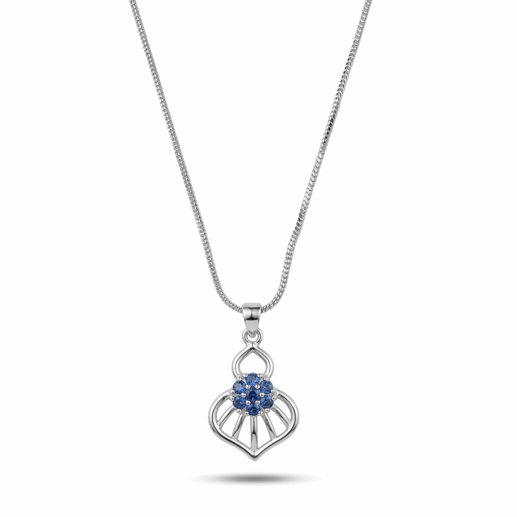 Silver necklace with a blue gemstone pendant on a white background