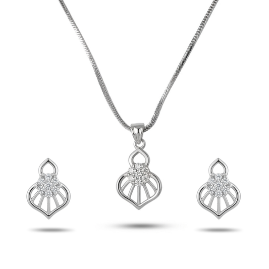 Silver jewelry set with heart-shaped pendant and earrings on a white background