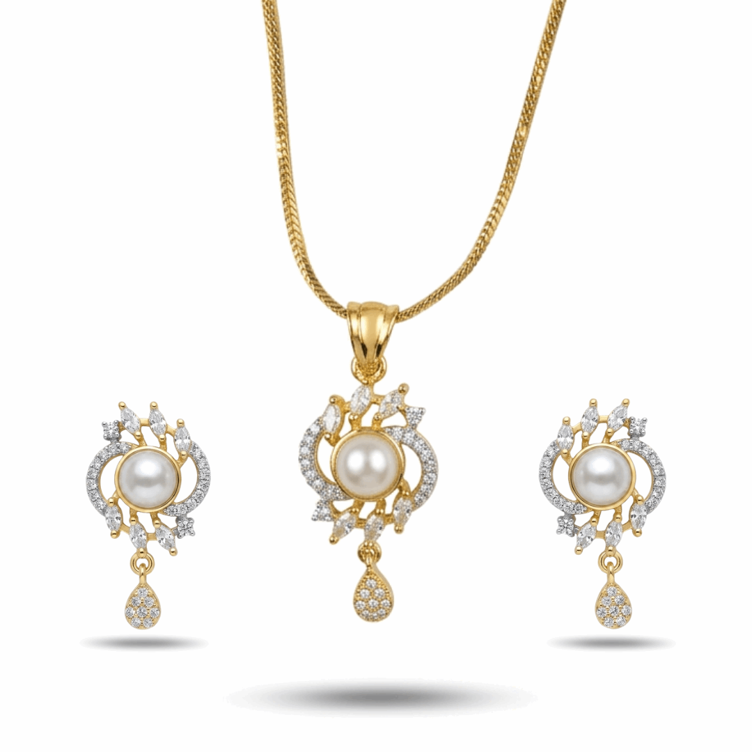 Gold jewelry set with pearls and diamonds on a white background