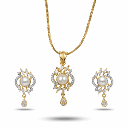 Gold jewelry set with pearls and diamonds on a white background