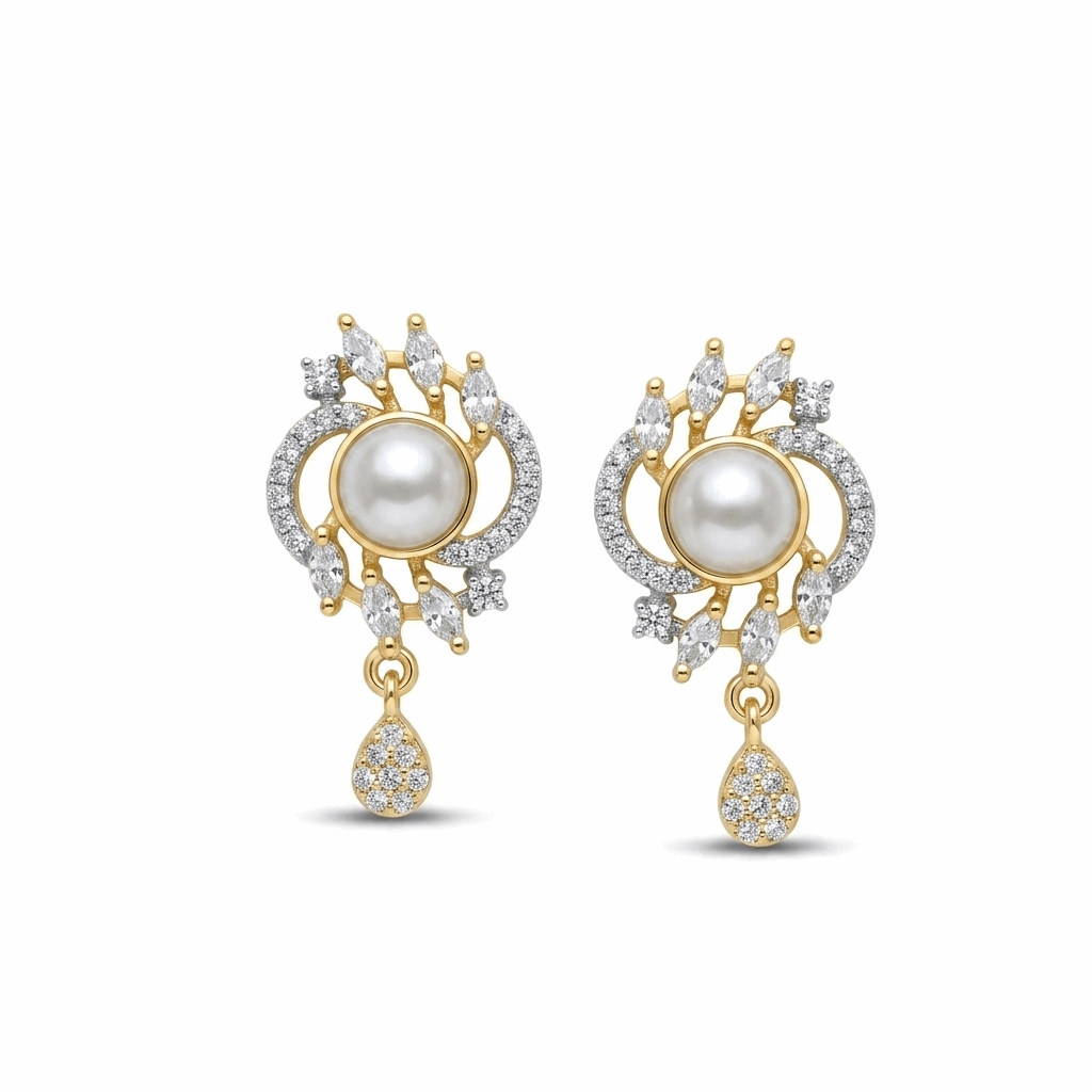 Gold and pearl earrings on a white background