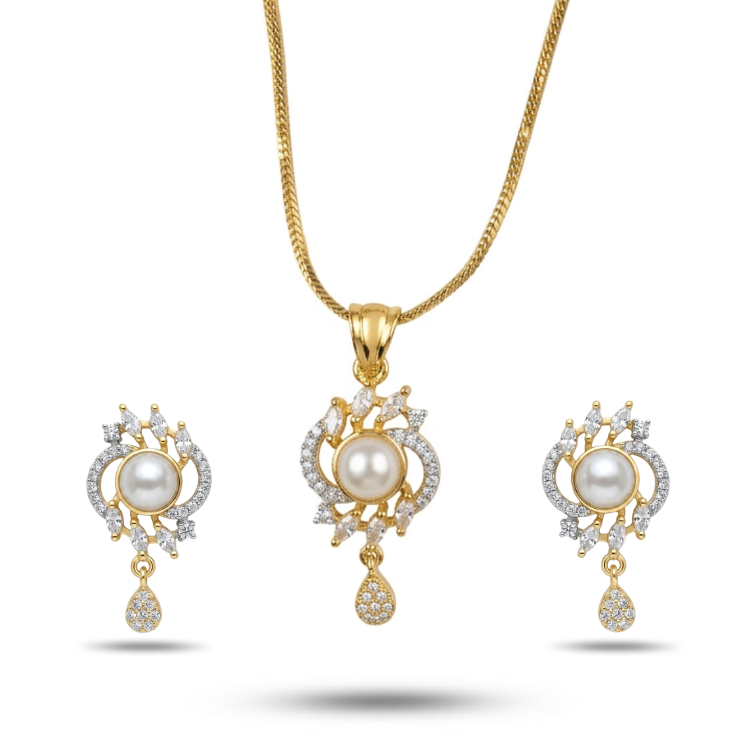 Gold jewelry set with pearls and diamonds on a white background